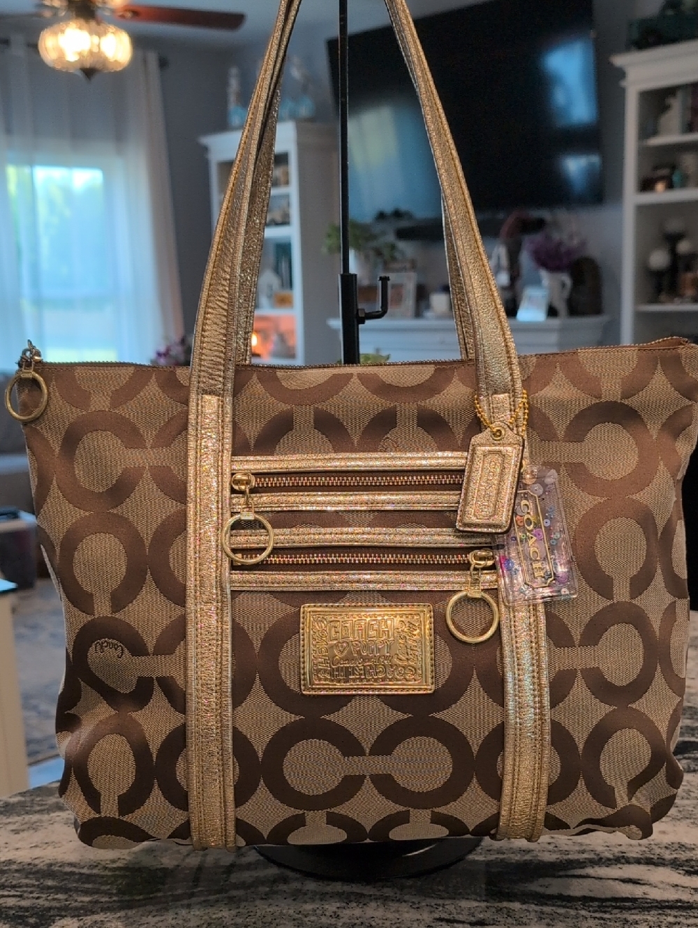 Coach Poppy Gold Metallic Op Art Glam Tote